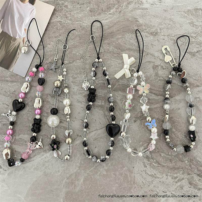 创意玫红辣妹y2k风格ccd相机铃铛挂坠心形钥匙造型串珠挂绳手机链