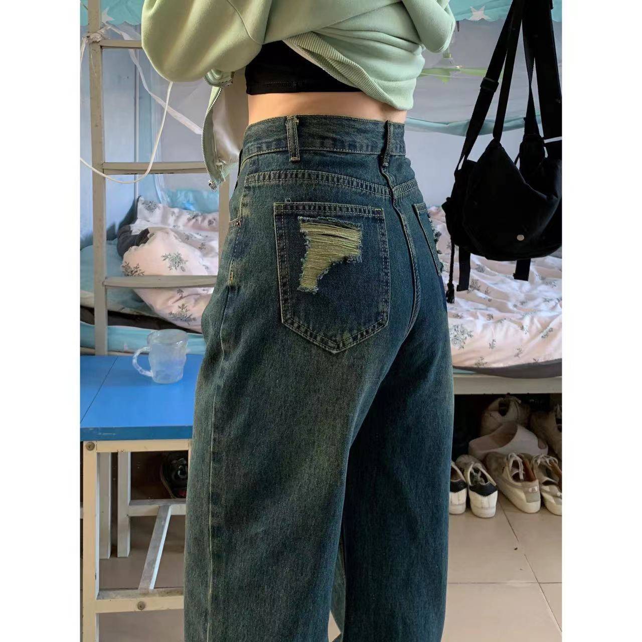 2025women clothes袋破洞牛仔裤女春季新款港风高腰显瘦拖地长裤