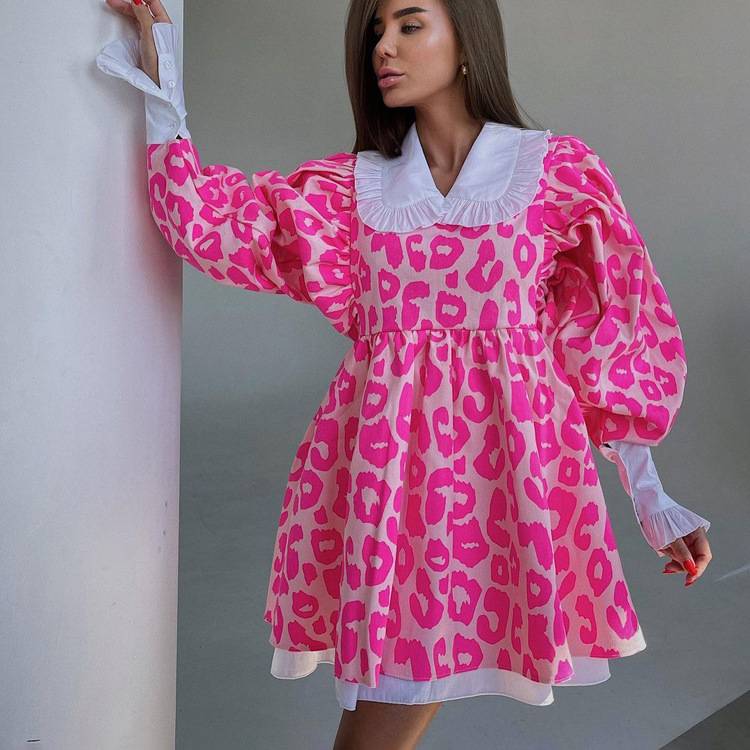 2025women clothes美连衣裙时尚长袖高腰印花A字裙娃娃领蓬蓬裙子