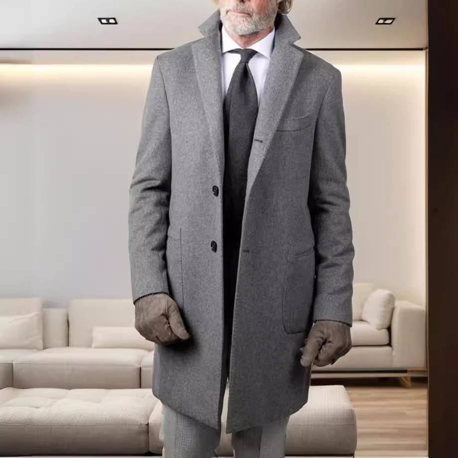 2025men clothes男英伦风中长款毛呢大衣单排扣长袖呢子外套风衣