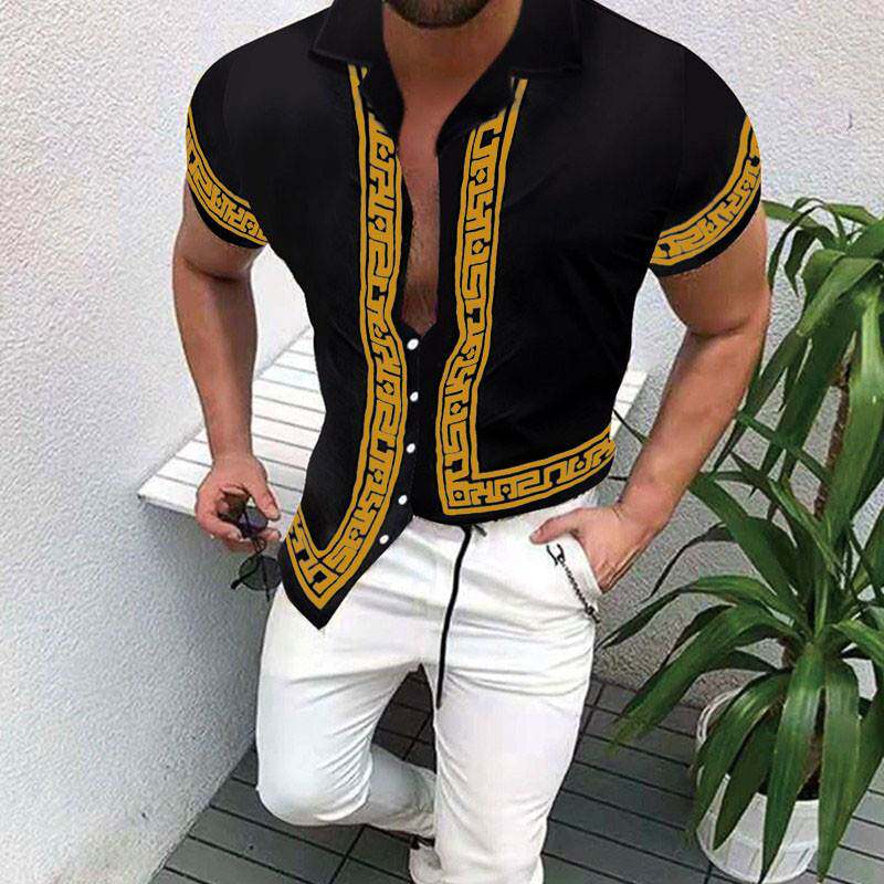 2025men clothes营夏季新款民族风男式短袖衬衫民族印花开衫上衣
