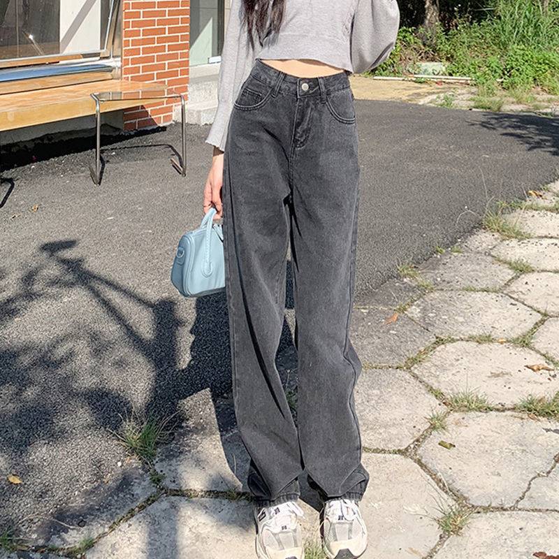 2025women clothes筒牛仔裤女春季新款韩版港味高腰显瘦阔腿裤子