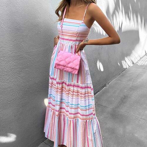 2025women clothes4现货夏季新款波西米亚竖条纹高弹舒适抹胸连衣