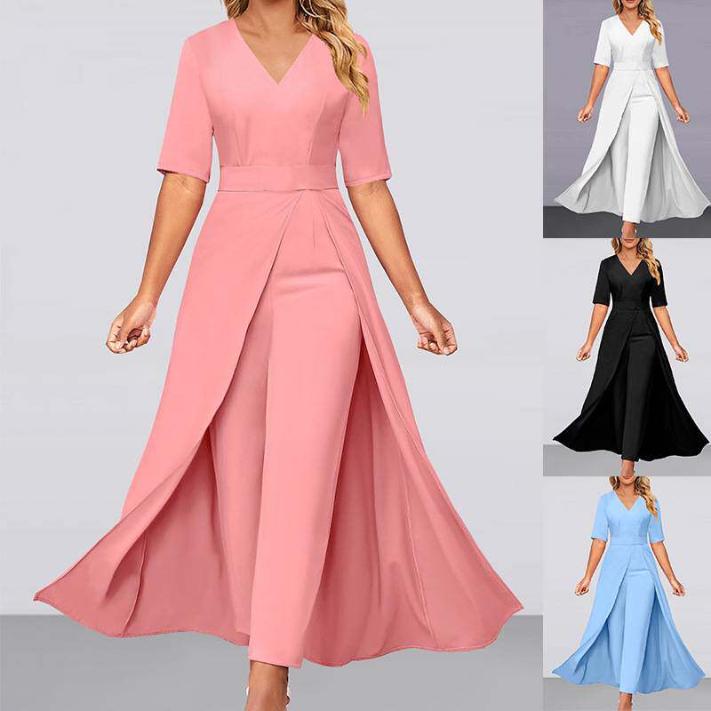 2025women clothes现货秋春新款女时尚气质纯色V领短袖束脚连体裤
