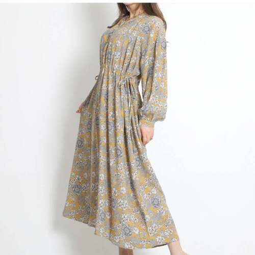 2025women clothes装花朵圆领长袖连衣裙束腰套头宽松大摆打底裙