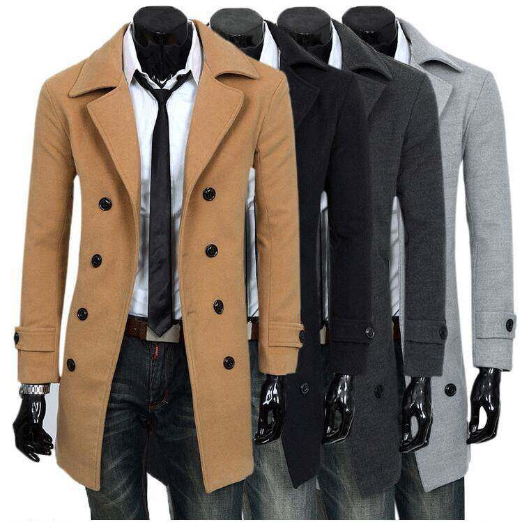 2025men clothes士修身外套双排扣加长款开叉风衣男毛呢大衣欧码