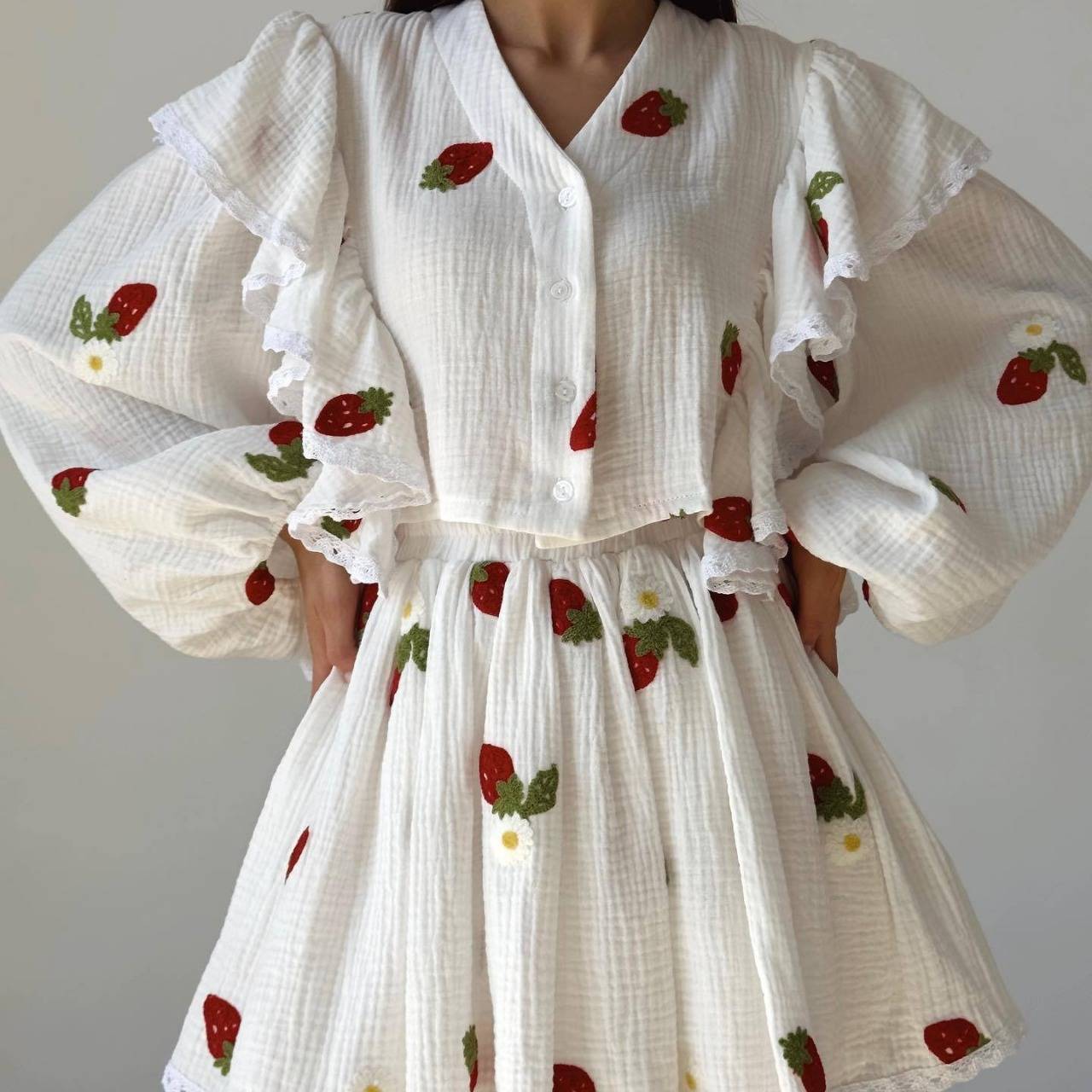 2025women clothes棉麻风荷叶边草莓印花短裙套装家居服欧美新品
