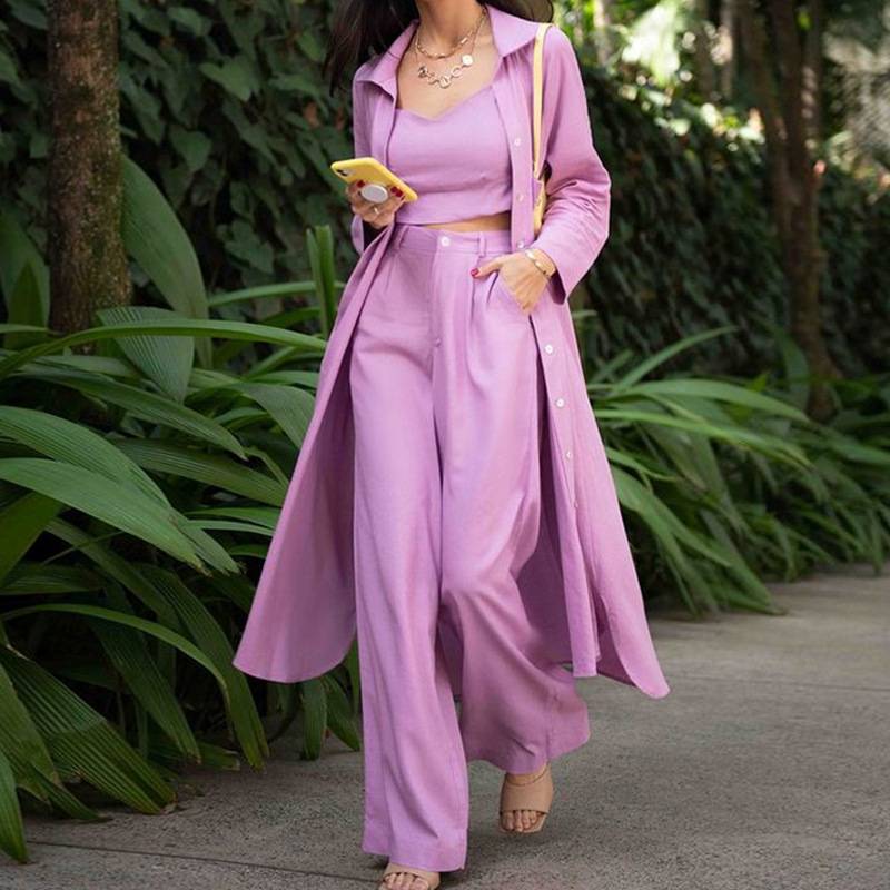2025women clothes欧美春秋休闲风衣外套上衣阔腿裤女装三件套装
