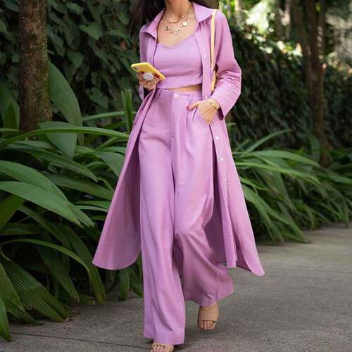 2025women clothes欧美春秋休闲风衣外套上衣阔腿裤女装三件套装