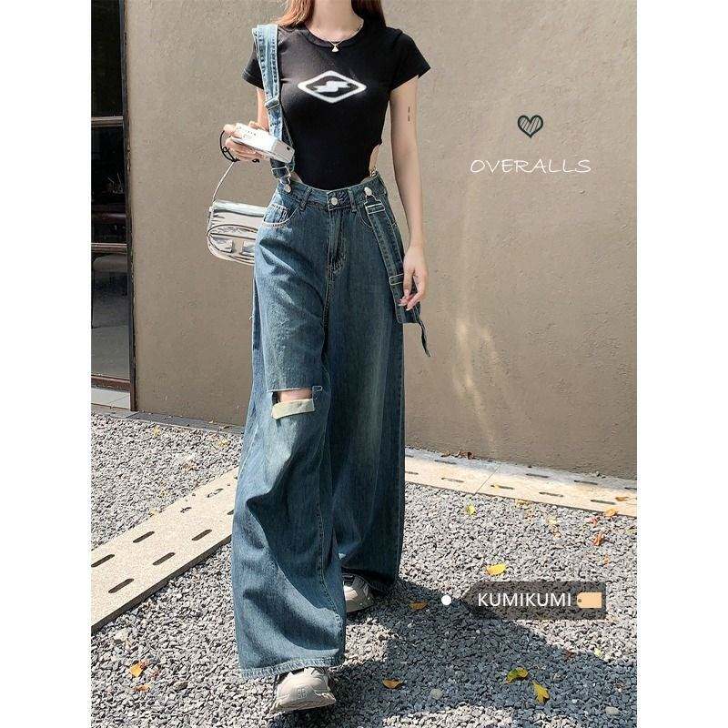 2025women clothes女春夏高腰显高显瘦背带裤阔腿裤破洞连体长裤