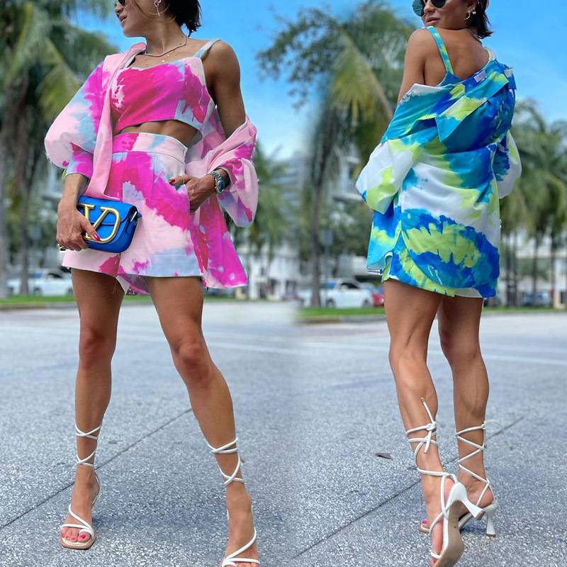 2025women clothes欧洲站年女装春夏气质休闲彩色扎染印花三件套