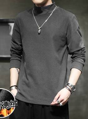 2025men clothes保暖上衣秋冬款内搭德绒打底衫黑色加绒秋季卫衣