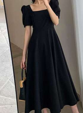 2025women clothesins茶歇裙气质一字领过膝长款赫本风胖mm小黑裙