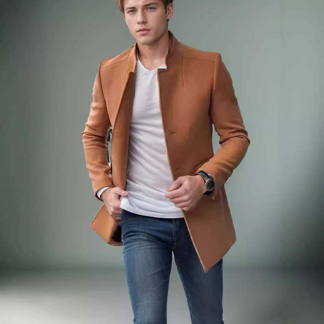 2025men clothes闲男装青年西装秋季新款潮流男纯色修身呢子大衣