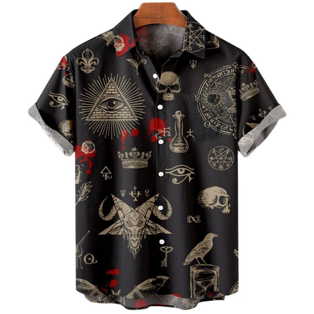 2025men clothes复古男式衬衫恶魔恐怖骷髅头短袖衬衫翻领3D打印