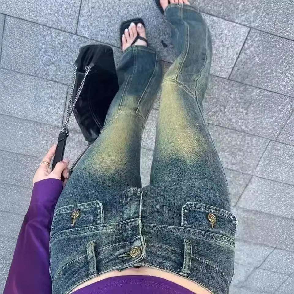 2025women clothes女秋季新款做旧拼接设计感弹力辣妹显瘦马蹄裤