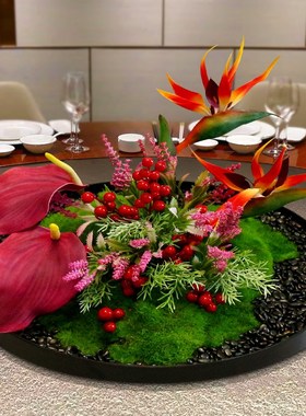 热销新中式酒店大圆餐桌中间摆花高端饭店转盘氛围摆件装饰品景观