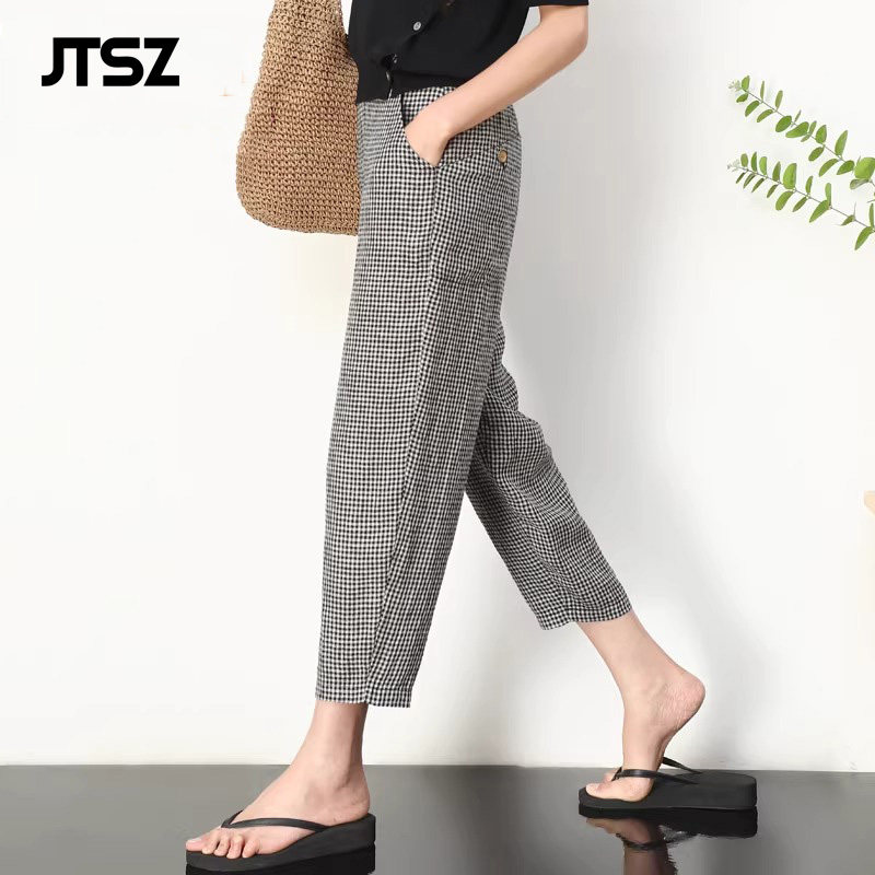 JTSZ品牌格子休闲 哈伦裤女2025新款高腰显瘦直筒裤宽松亚麻镰刀
