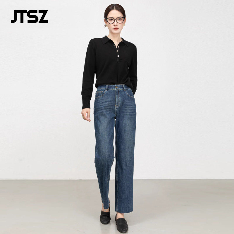 JTSZ品牌毛边九分直筒牛仔裤女2025秋高腰法棍裤显瘦小个子烟管裤