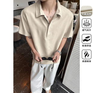 老钱风仿亚麻T恤男款夏季透气翻领POLO衫松弛感复古宽松短袖纯色