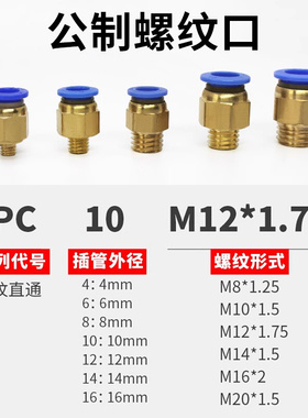 公制螺纹PC6-M8*1.25/8-M10*1.5/10-M12*1.75/M16*2气管快速接头