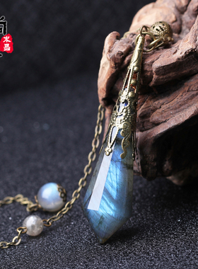 灵摆吊坠复古天然白粉红黄水晶玛瑙灰月光拉长石项链饰品