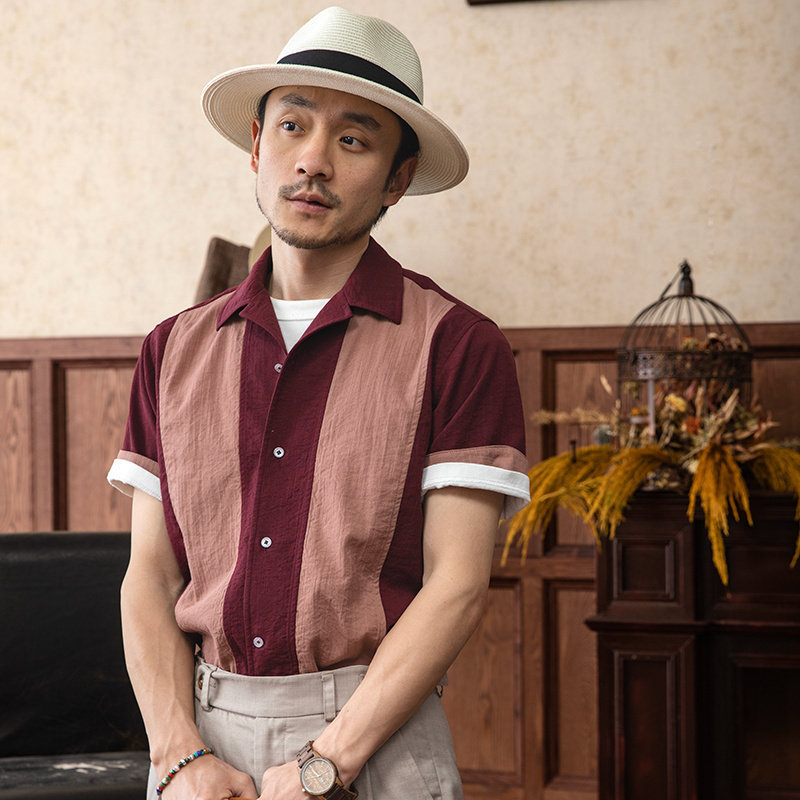 SOARIN英伦风复古拼接短袖衬衫男 古巴领休闲修身翻领五分袖T恤衫