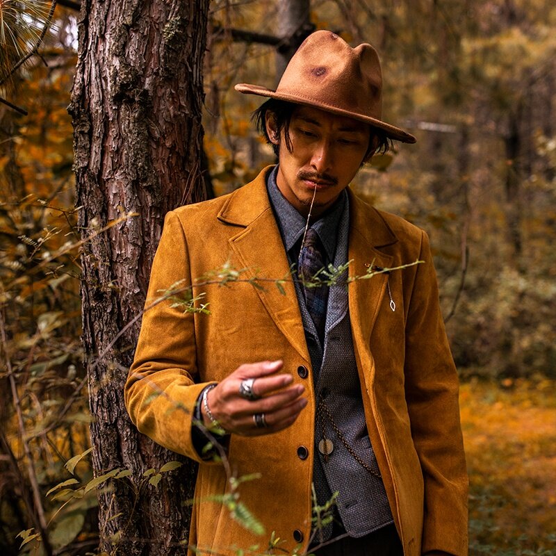 SOARIN YUPPIE复古英伦鹿皮绒西装大衣男 雅痞过膝中长款麂皮风衣