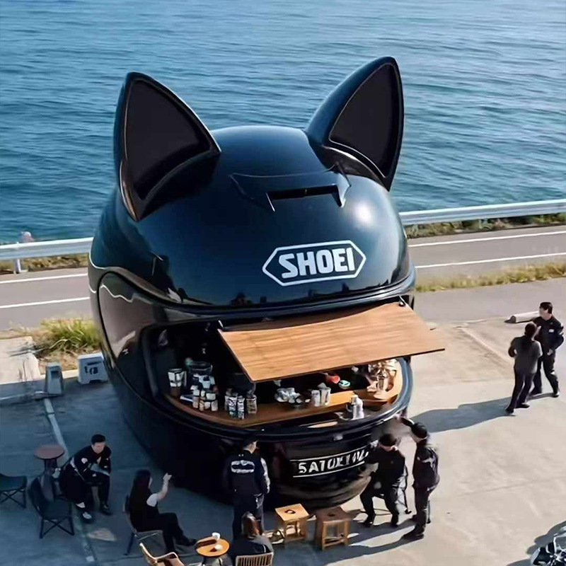 2025网红创意玻璃钢头盔造型可拍照打卡奶茶移动餐车特色新品餐车
