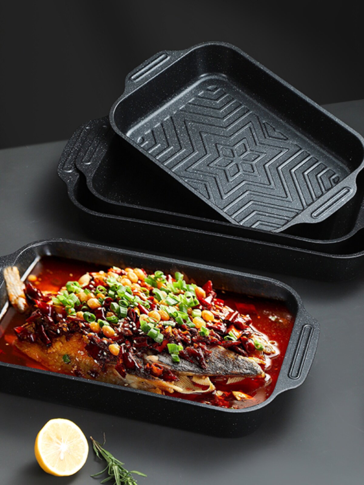 烤鱼盘专用锅长方形家用铁盘不粘托盘盆不锈钢电磁炉烤肉盘子商用