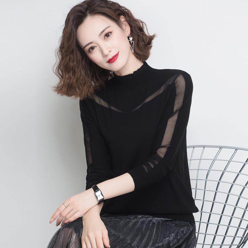 春秋新款百搭黑色半高领长袖打底衫毛衣女网纱内搭薄
