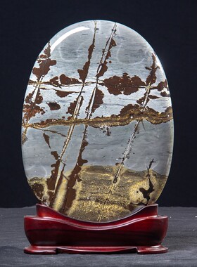 广西国画石天然奇石观赏石草花石z椭圆饼中式摆件客厅工艺品te49