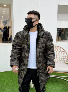 中长版迷彩棉衣男冬季加绒加厚劳保棉袄保暖防寒服连帽军绿棉大衣