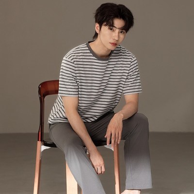 睡衣男夏季纯棉薄款短袖条v纹圆领休闲套装宽松青少年可外穿家居