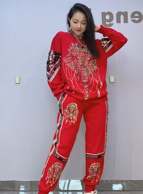 秋冬新款时尚洋气圆领套装亮片拼接大码女装长袖长裤烫钻两件套女