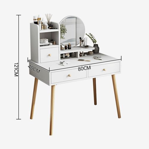 梳妆台一体卧室经济n型北欧现代简约实木化妆桌子三抽款暖白80