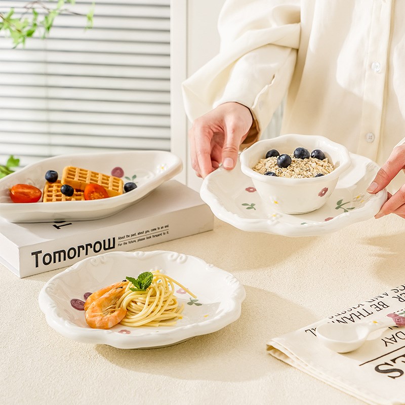 1人食碗盘勺3件套2人食碗碟套装手绘釉下彩碗盘子高颜值餐具家用