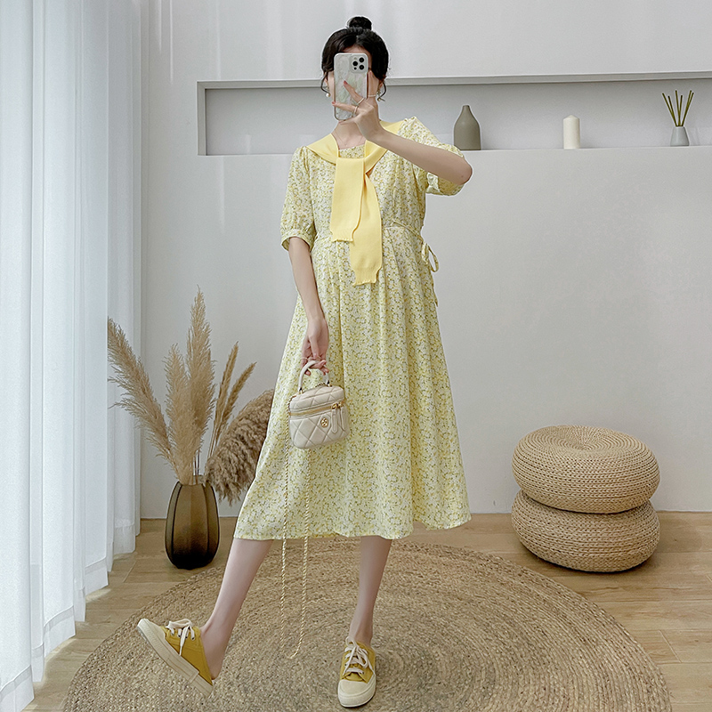 孕妇装夏季新款韩版甜美小清新披肩碎花雪纺连衣裙温X柔风过膝长