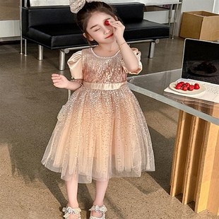 香槟色网a纱裙2024夏季新款女童气质闪闪连衣裙香槟珍珠礼服裙女