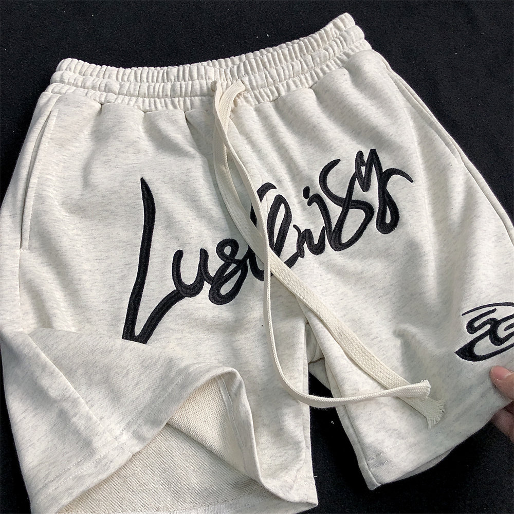 夏季字母刺绣毛圈灰色重磅运动短裤松紧腰裤子男款休闲宽松卫裤男,男装,短裤,淘宝优惠券,粉丝福利购,淘宝优惠卷