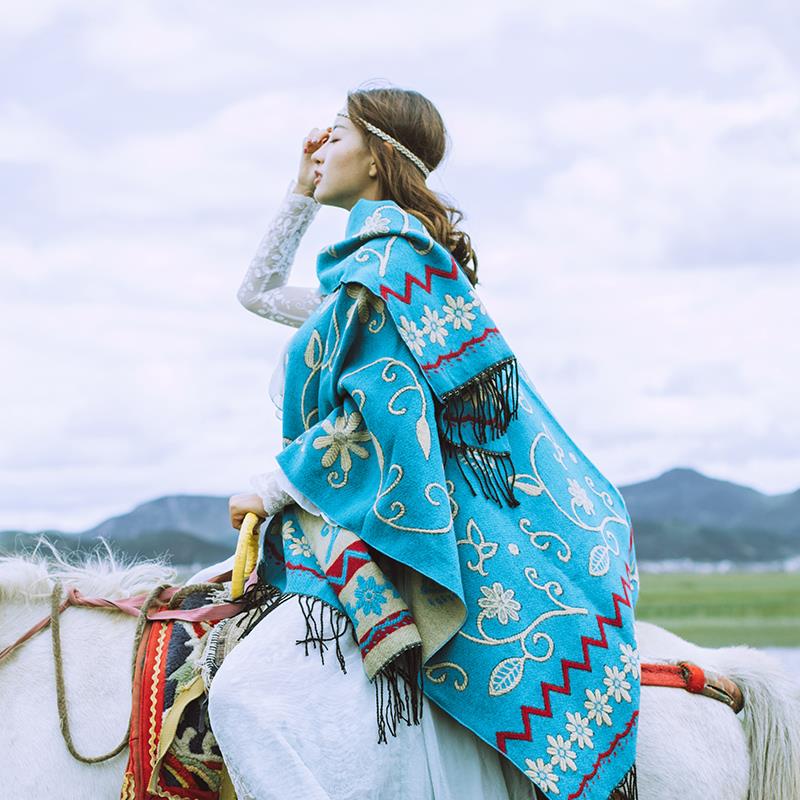 斗篷式外套女披风秋冬季韩版百搭保暖两用大披肩青海旅游加厚围巾