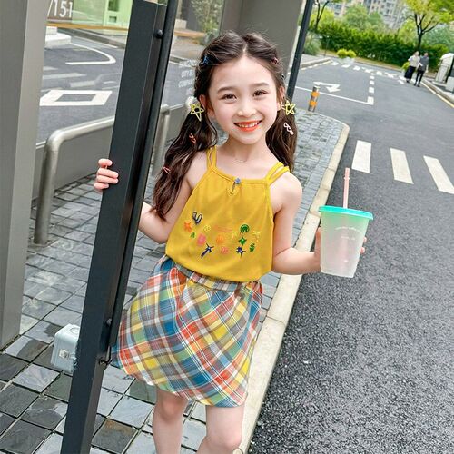 女童夏装套装裙2024新款洋气儿童吊带背心女宝宝格子半身裙两件套