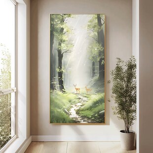 林深见鹿纯手绘玄l关装饰画绿色风景走廊过道挂画高级感大芬村油