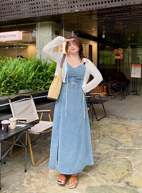 大码V领高腰蓝色吊带无袖牛仔吊带开叉N长裙+休闲毛织开衫