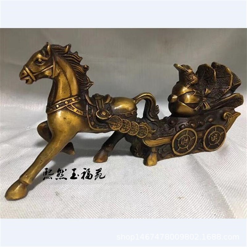 仿古纯铜马摆件 铜马拉车 铜金钱百财满载而归工艺品马拉元宝礼品