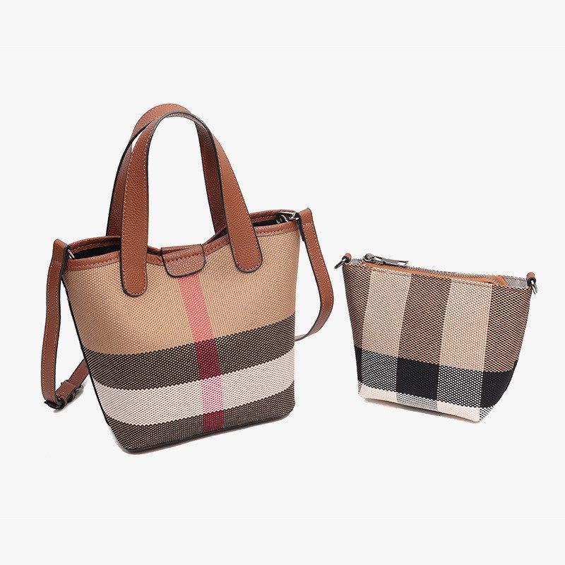 网红女包2025新款真皮帆布格子撞色手提包菜篮子包单肩斜挎水桶包,箱包皮具/热销女包/男包,通用款女包,淘宝优惠券,粉丝福利购,淘宝优惠卷