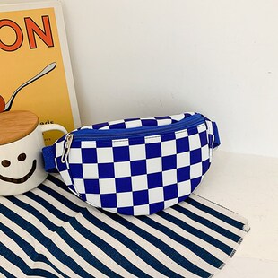 儿童胸包女童斜挎包o韩版宝宝帆布零钱包洋气男童个性棋盘格单肩