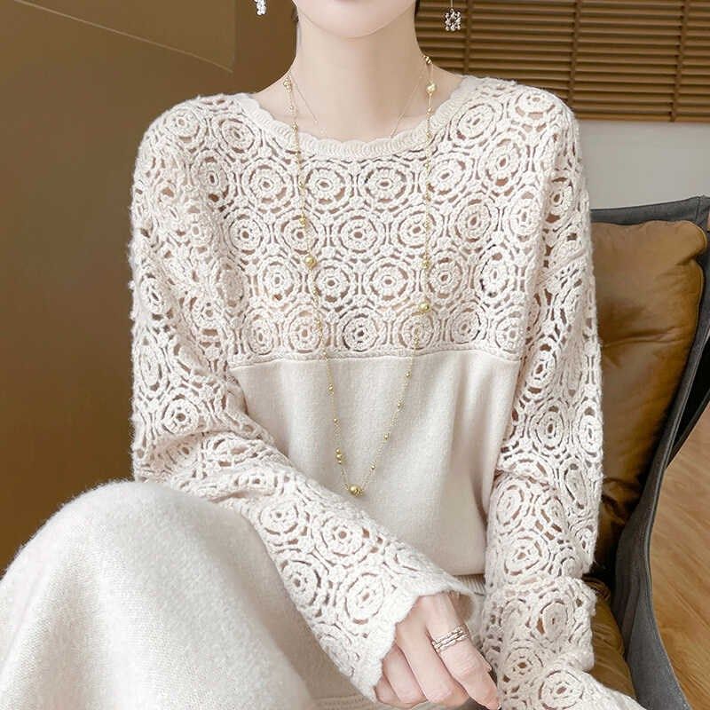 重工镂空钩花100%纯羊绒衫女圆领长袖针织毛衣宽松气质羊毛衫打底,女装/女士精品,羊绒衫,淘宝优惠券,粉丝福利购,淘宝优惠卷