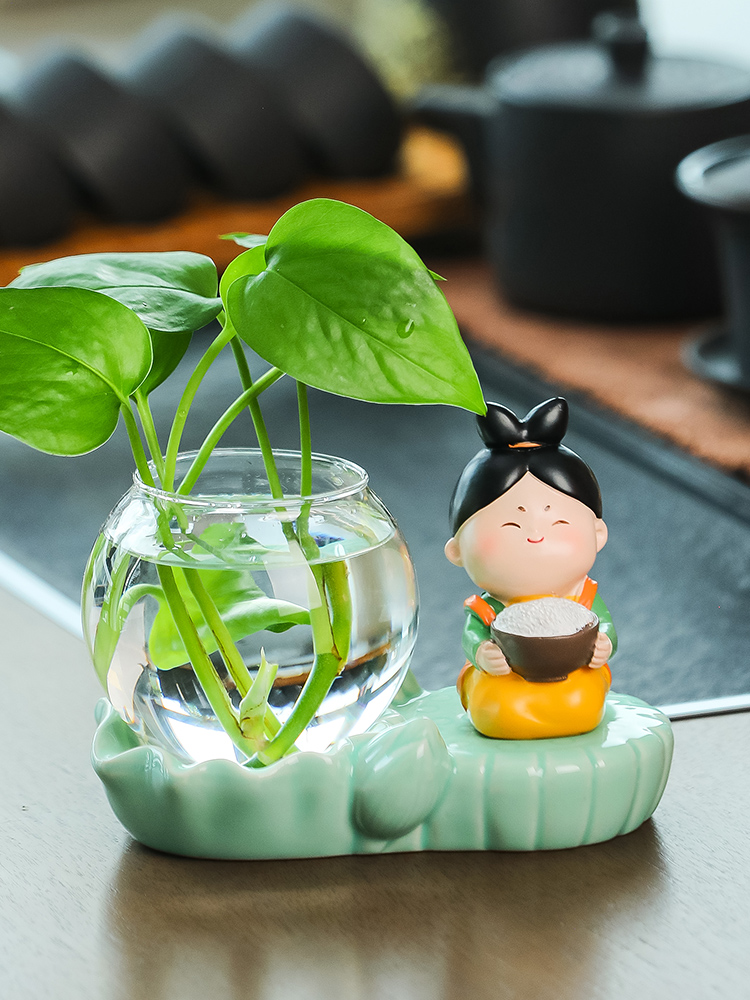 唐仕女客厅装饰桌面小摆件绿萝水培器皿花瓶插花创意植物桌面摆件