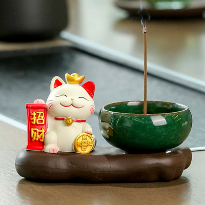 可爱招财猫咪香插陶瓷小香炉摆件